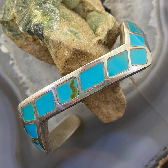 Vintage Native American Silver Turquoise Inlay Heavy Gauge Bracelet For Women - Picture 1 of 10